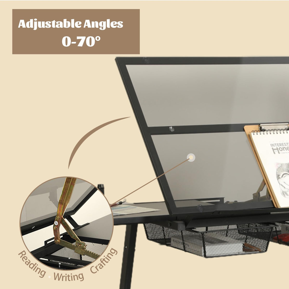 Black Drafting Table Desk w/Stool, Painting Table Art Craft Desk Crafting Table with Tilting Tempered Glass Top, 2 Storage Drawers, Height Adjustable