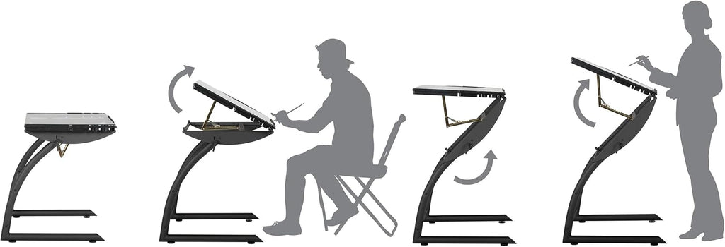 SD Studio Designs Triflex Drawing Table, Sit to Stand Up Adjustable Office Home Computer Desk, 35.25" W X 23.5" D, Charcoal Black/Clear Glass