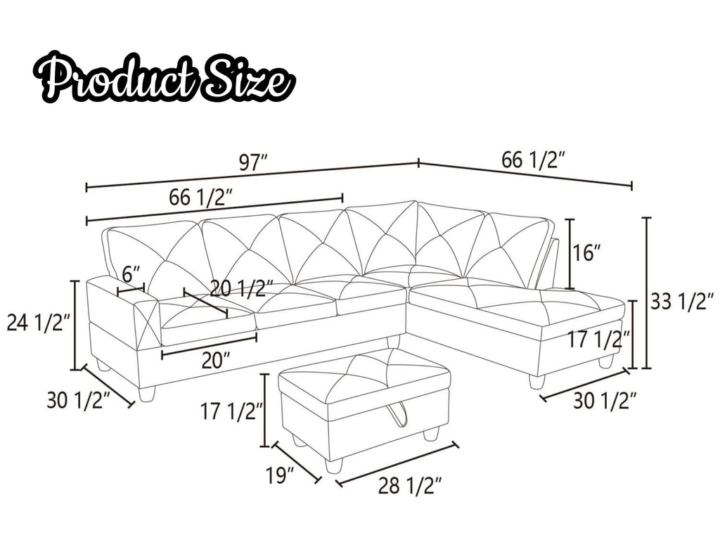 97.5" L-Shaped Modular Sectional Sofa with Movable Chaise & Storage Ottoman, 3 Piece Convertible Leather Couch, 4 Seat Gloss Black Living Room Furniture Set for Apartment Home Office