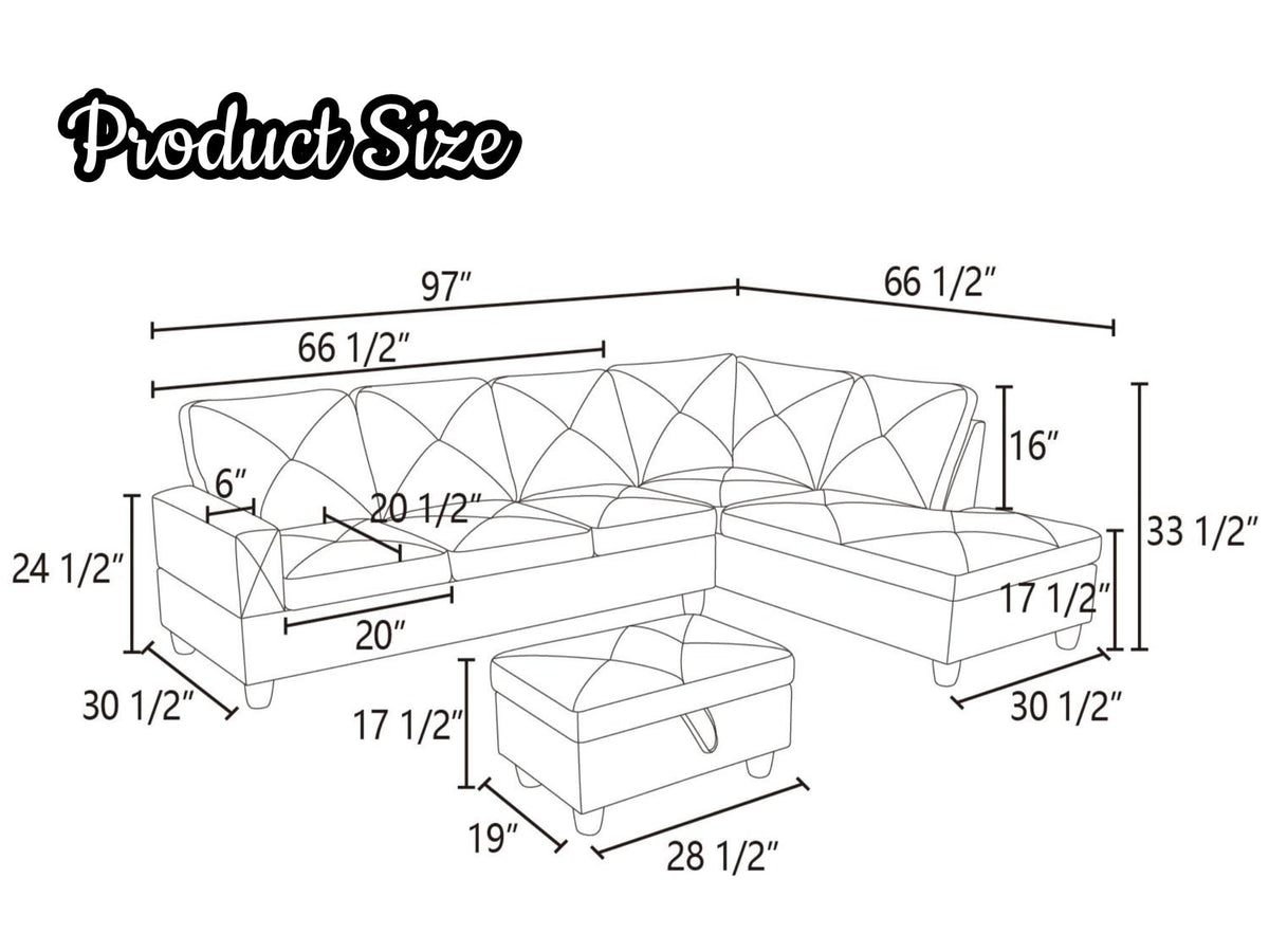 97.5" L-Shaped Modular Sectional Sofa with Movable Chaise & Storage Ottoman, 3 Piece Convertible Leather Couch, 4 Seat Gloss Black Living Room Furniture Set for Apartment Home Office