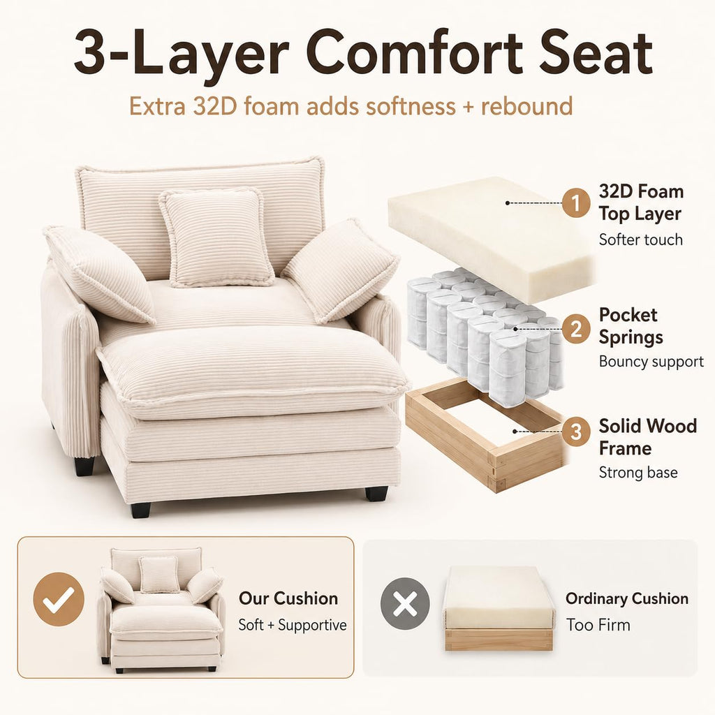 Oversized Chair with Ottoman, Corduroy Reading Chair with Footrest, Comfy Accent Armchair for Living Room Bedroom, Single Sofa Lounge Chair, 350 lbs (Orange)