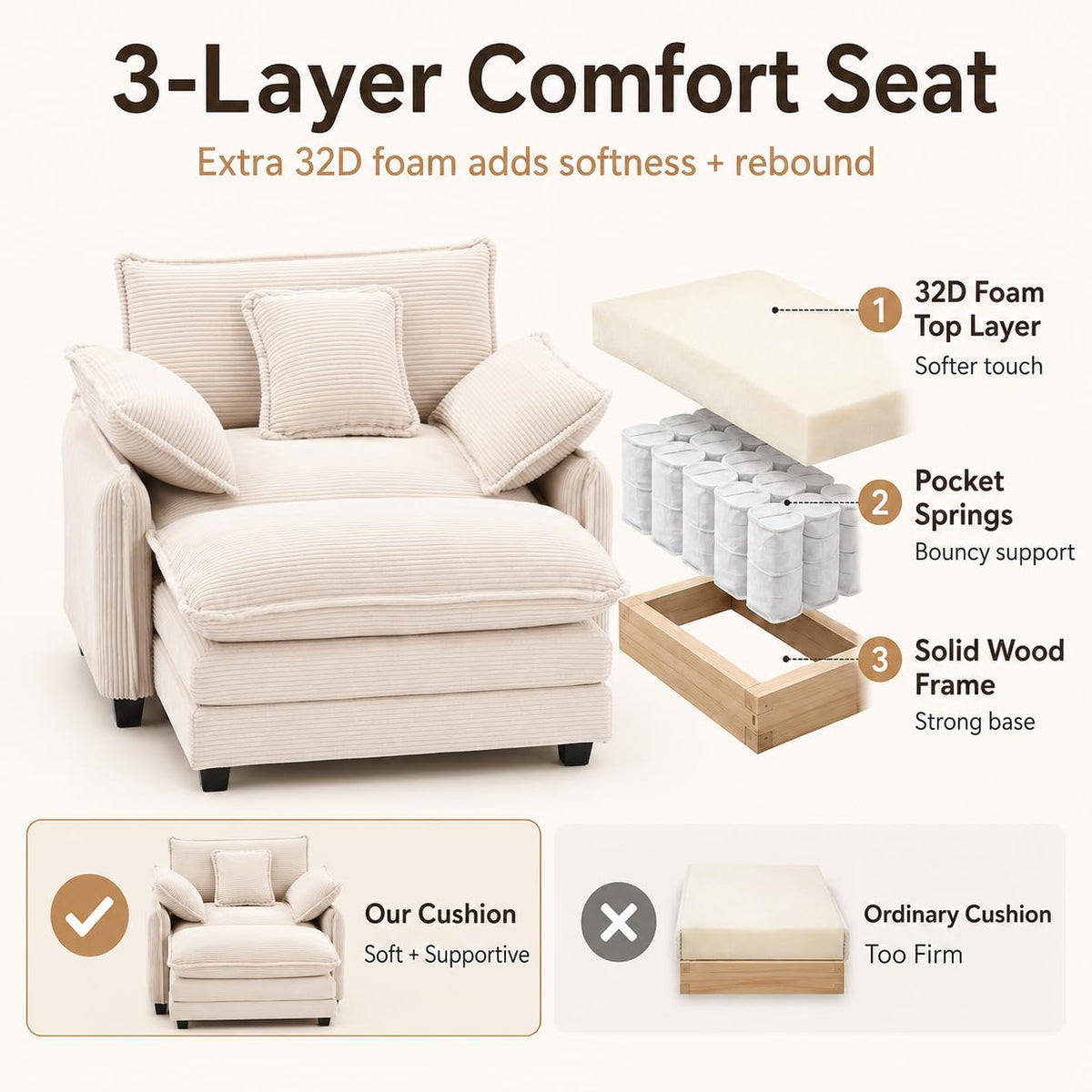 Oversized Chair with Ottoman, Corduroy Reading Chair with Footrest, Comfy Accent Armchair for Living Room Bedroom, Single Sofa Lounge Chair, 350 lbs (Orange)