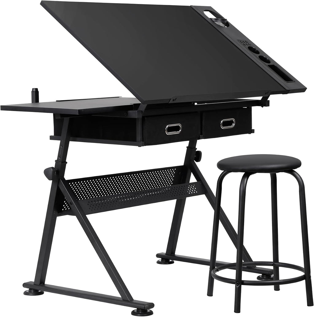 LEMY Drafting Table Art Desk, Height Adjustable Drawing Table Tilting Tabletop Work Station with Stool and Storage Drawer for Home, Office, Writing, Black