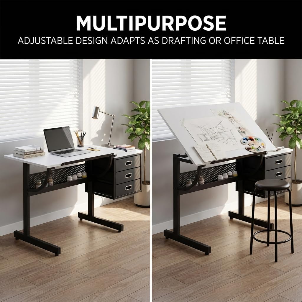 Drafting Table with Storage, Adjustable Art Desk & Art Table with Stool, 0-75Â° Tilting Top, 3 Drawers for Diamond Painting, Architecture, Animation, Office (Adults & Teens) (White)