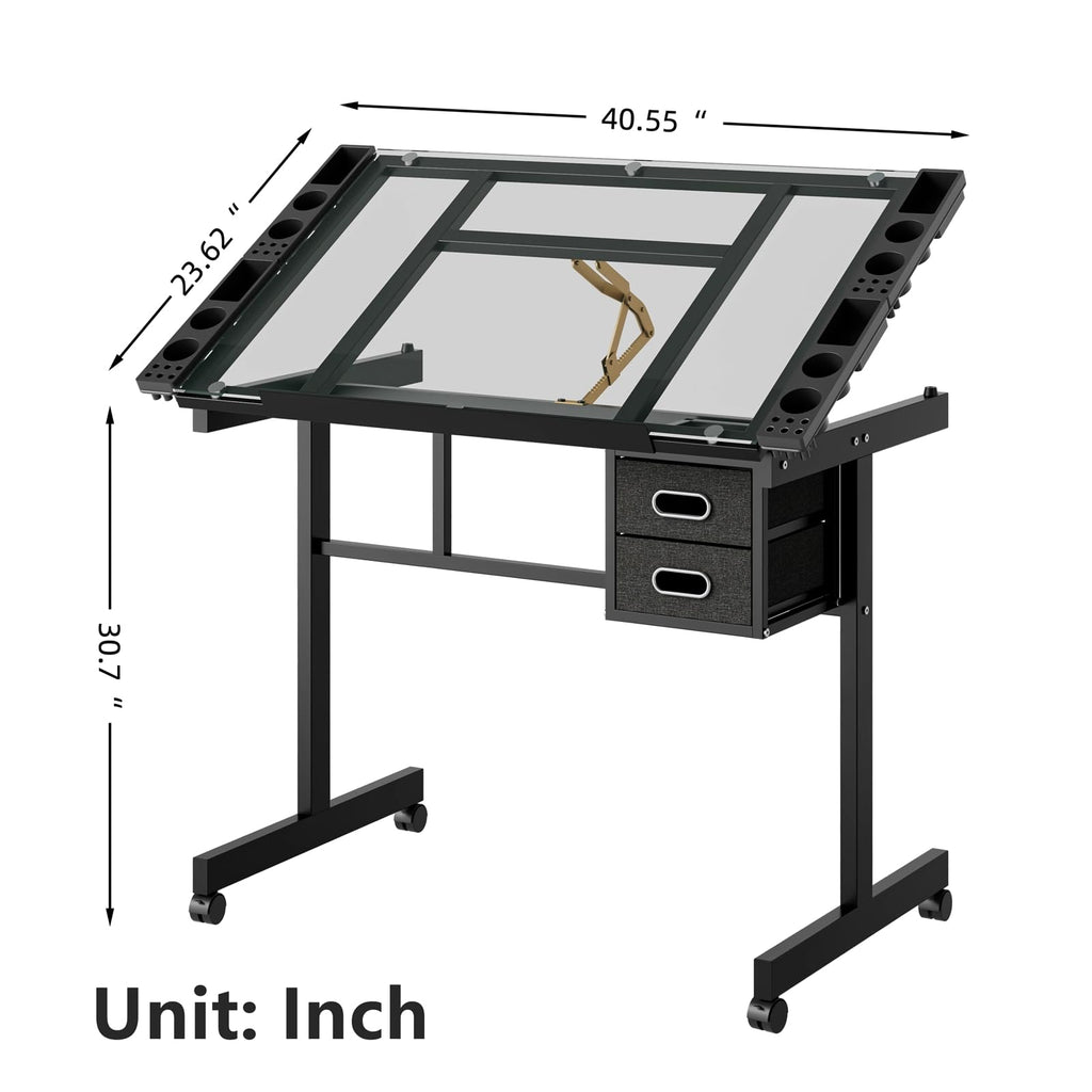 Drafting Table, Adjustable Height Drawing Table Art Table Painting Table Art Craft Desk with 0-75Â° Tilting Glass Tabletop and Storage Drawers, Black
