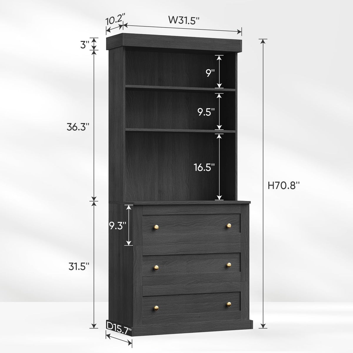 Vyre 71" Black Modular Farmhouse Bookcase Set of 3, Expandable Storage Cabinets with Glass Doors or Drawers for Home Office and Study Room