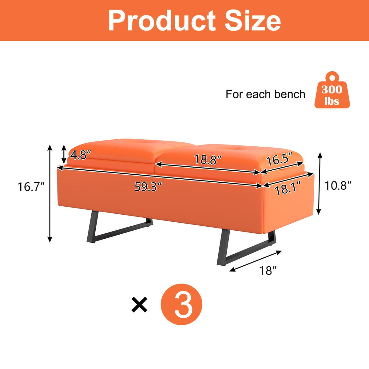 MOTION Leather Bench Waiting Room Chairs - 3 Seat Office Guest Reception Bench with Cushion, Waiting Room Bench Seating, Office Furniture Lobby Chairs for Salon, Shop, Set of 2, Orange