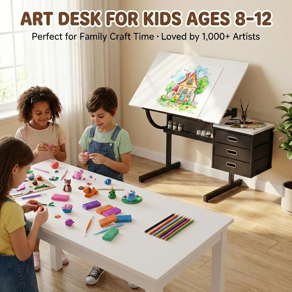 Drafting Table with Storage, Adjustable Art Desk & Art Table with Stool, 0-75Â° Tilting Top, 3 Drawers for Diamond Painting, Architecture, Animation, Office (Adults & Teens) (White)