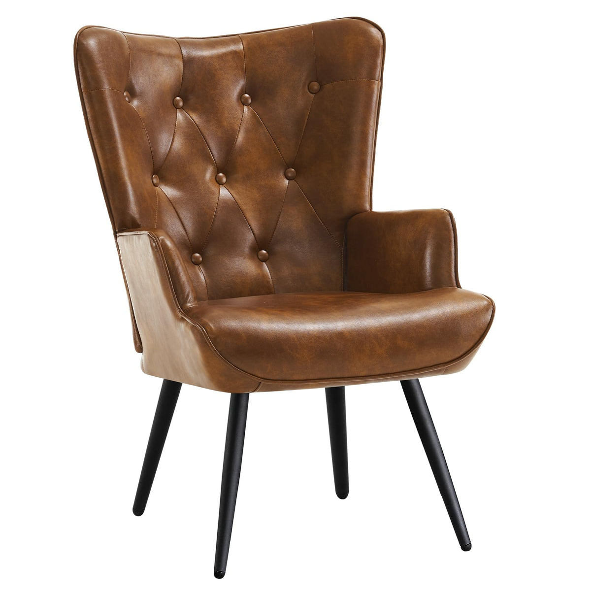 Furniliving PU Leather Accent Chair for Living Room, Upholstered Reading Chair with High Backrest, Tufted-Button Wingback Armchair for Bedroom, Dressing Room, Home Office, Brown, Set of 2