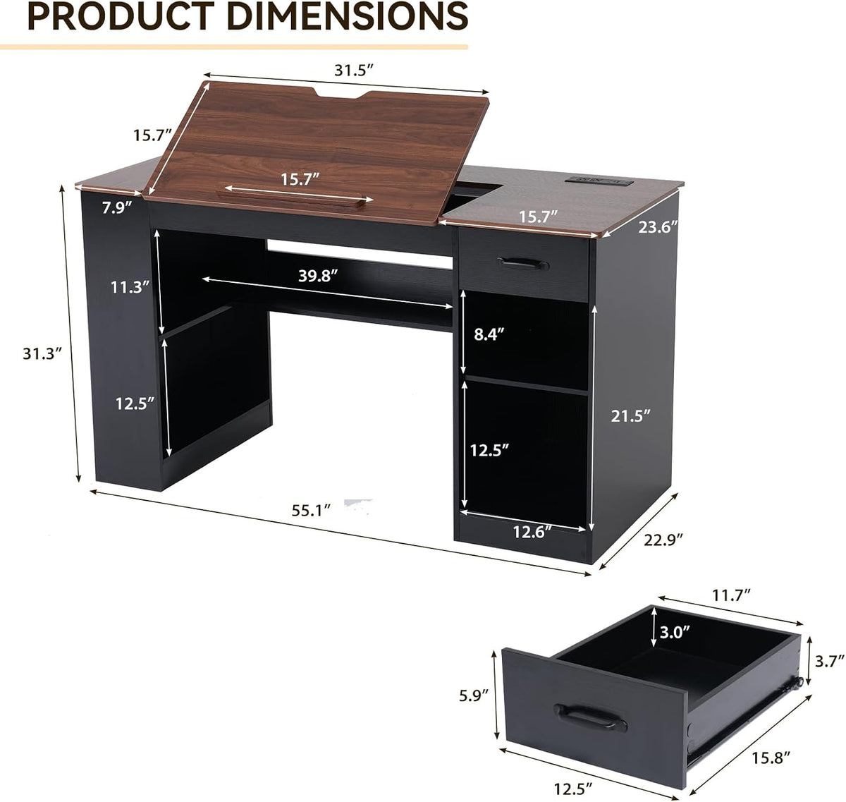 Verano Garden 55.1" Drafting Table, Craft Art Table, Computer Desk, Black