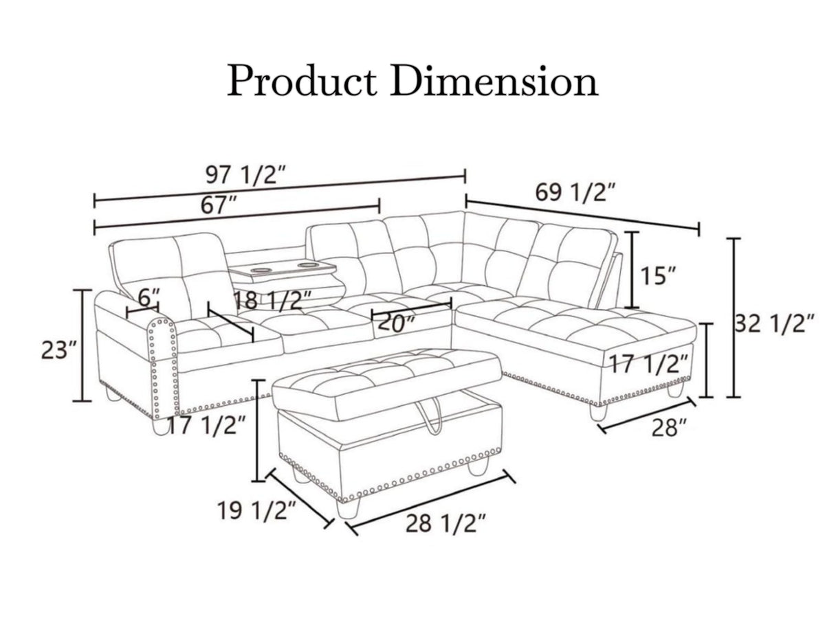 97.5" Leather L Shaped Couch with Left Chaise & Cup Holder, Sectional Sofas Modular Furniture Set with Storage Ottoman, Convertible Couches for Living Room, Office & Small Space (Black)