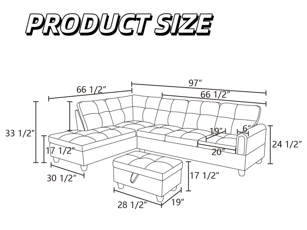 97.5" L-Shaped Modular Sectional Sofa with Movable Chaise & Storage Ottoman, 3 Piece Convertible Leather Couch, 4 Seat Gloss Black Living Room Furniture Set for Apartment Home Office