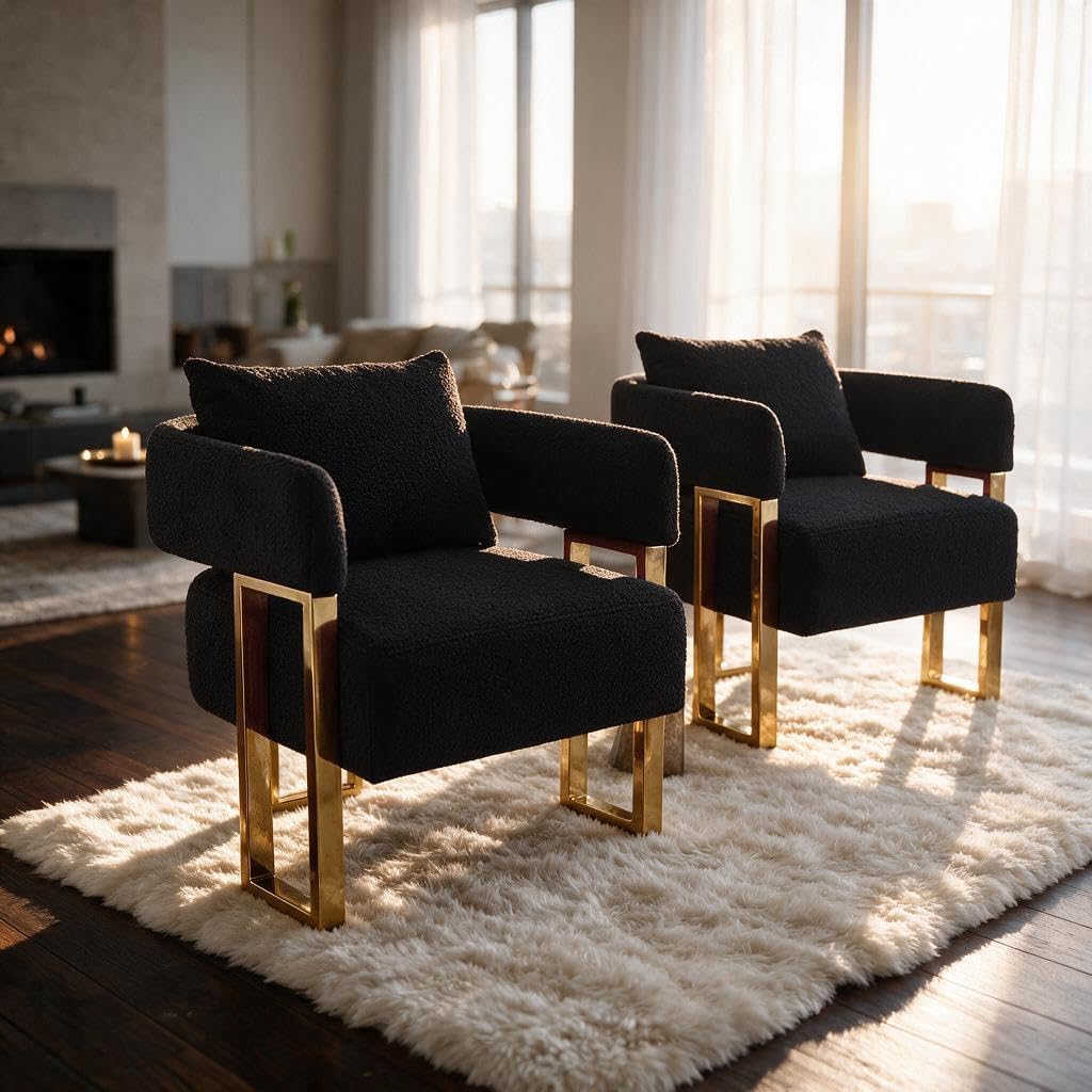 YISHENG Modern Barrel Accent Chairs Set of 2, Living Room Side Chairs with Golden Metal Legs Soft Upholstered Reading Armchairs no Wheels for Vanity/Reception Room//Bedroom/Lounge/Office,Black Teddy
