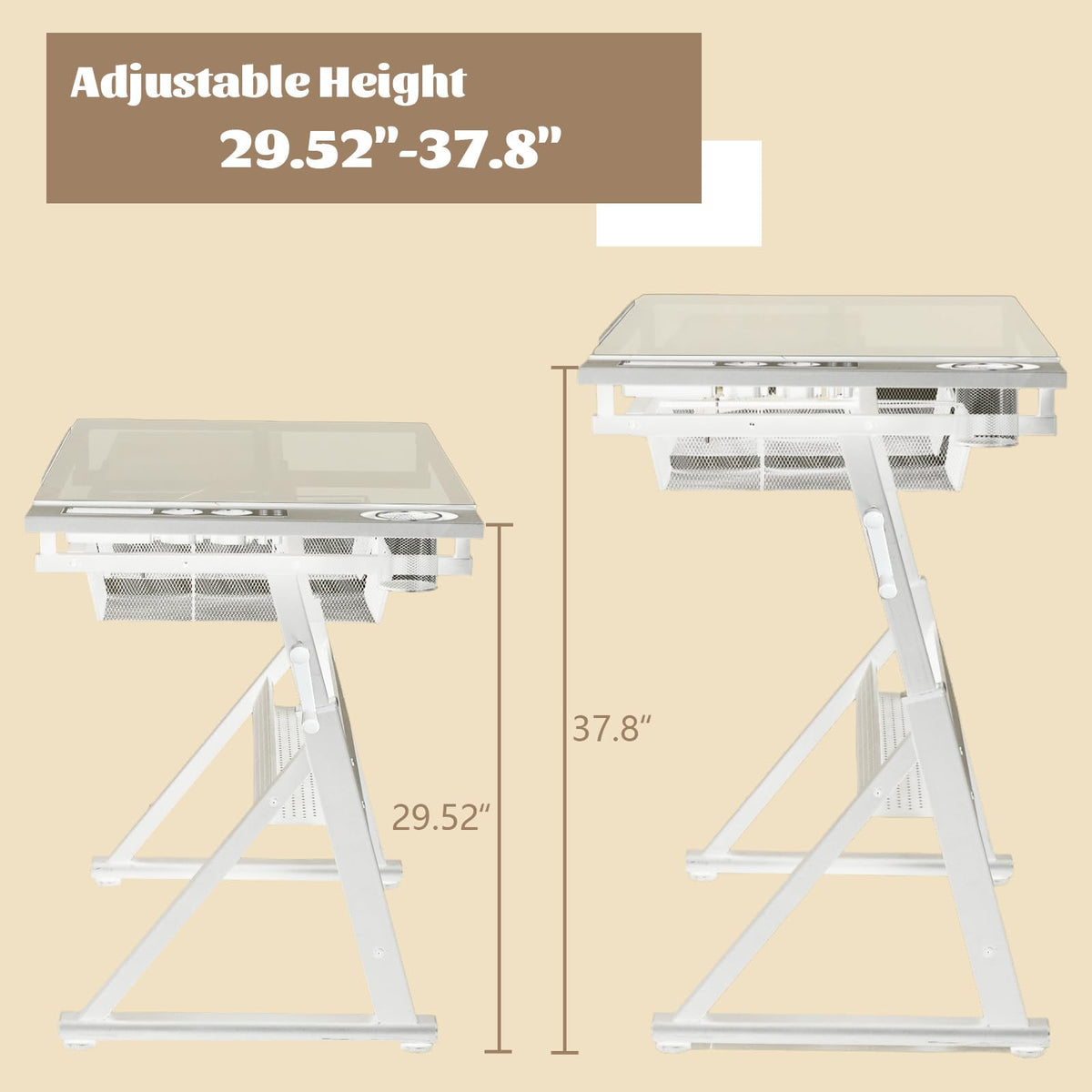 Black Drafting Table Desk w/Stool, Painting Table Art Craft Desk Crafting Table with Tilting Tempered Glass Top, 2 Storage Drawers, Height Adjustable
