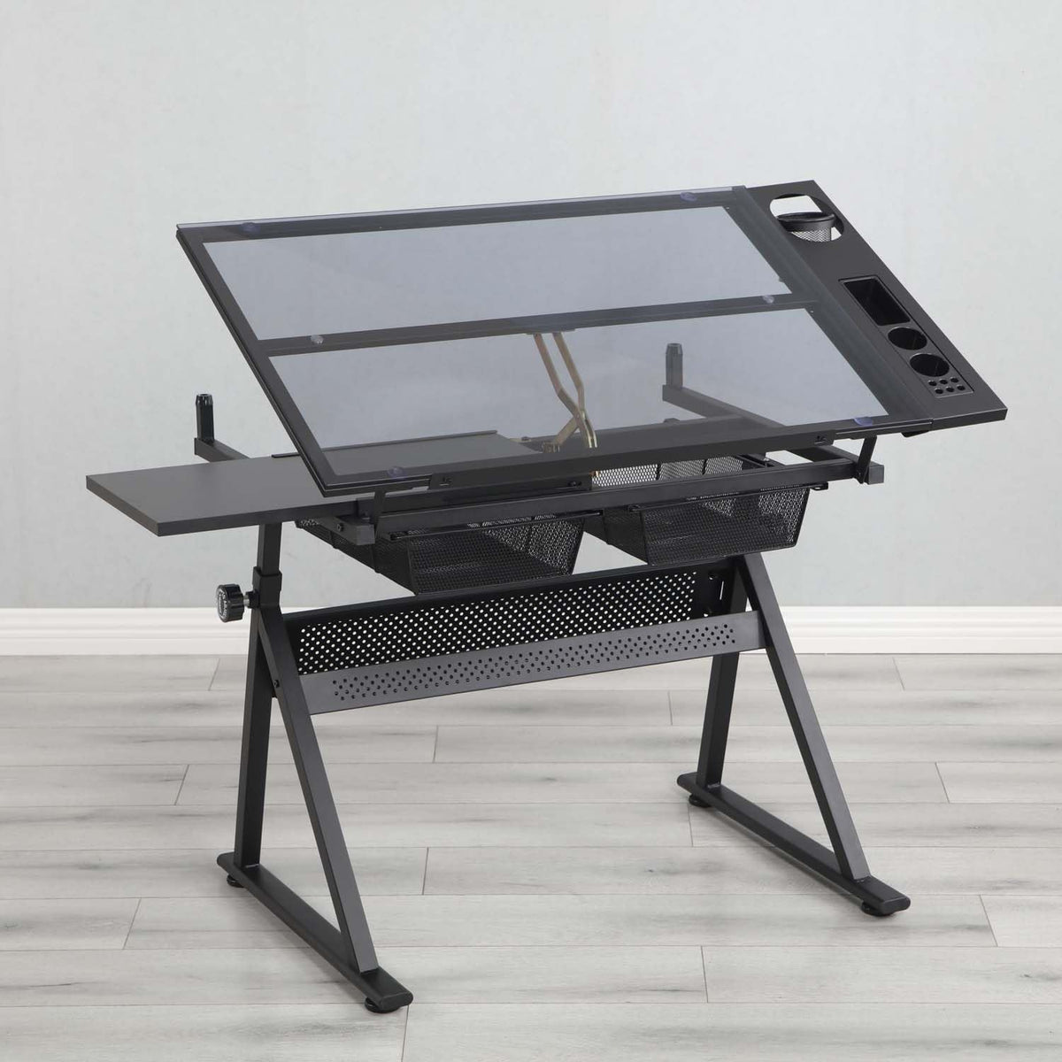 Drafting Table with Storage and Stool, Glass Art Desk for Adults Adjustable Height with 2 Metal Drawers, Craft Drawing Table Artist Desk with Extra Desktop for Reading/Writing/Studying (Black)