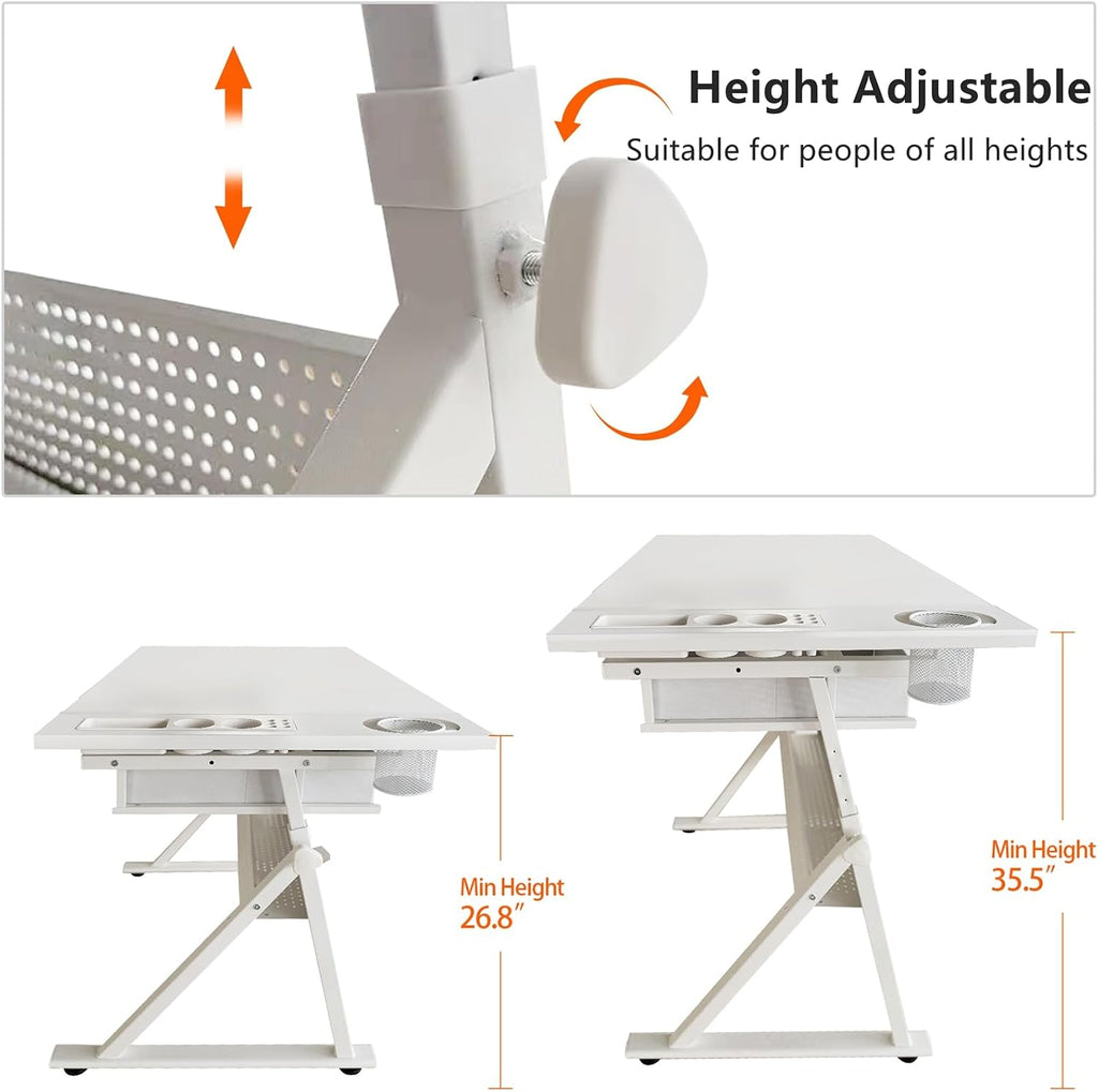 Drafting Table, Height Adjustable Art Table with Stool,T1-All White