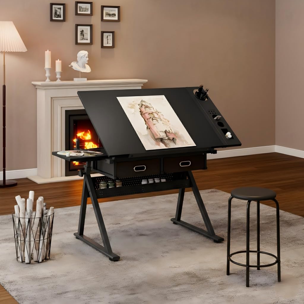 Adjustable Drawing Table with 3 Drawers & Stool, for Art & Work