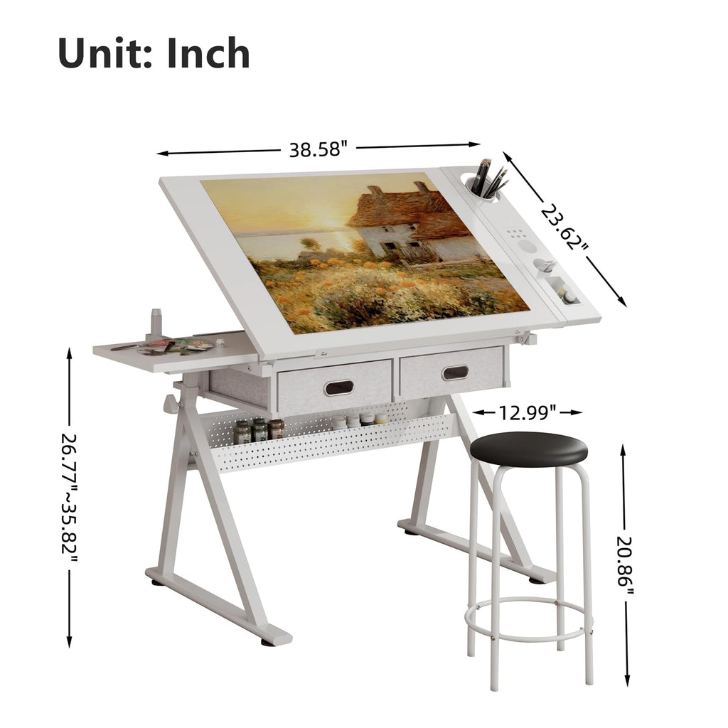 Height Adjustable Art Table Drafting Table with Stool, Rustic