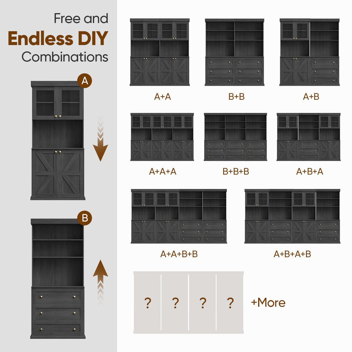 Vyre 71" Black Modular Farmhouse Bookcase Set of 3, Expandable Storage Cabinets with Glass Doors or Drawers for Home Office and Study Room