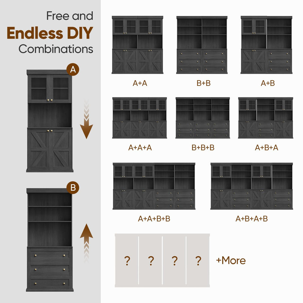 Vyre 71" Black Modular Farmhouse Bookcase Set of 3, Expandable Storage Cabinets with Glass Doors or Drawers for Home Office and Study Room
