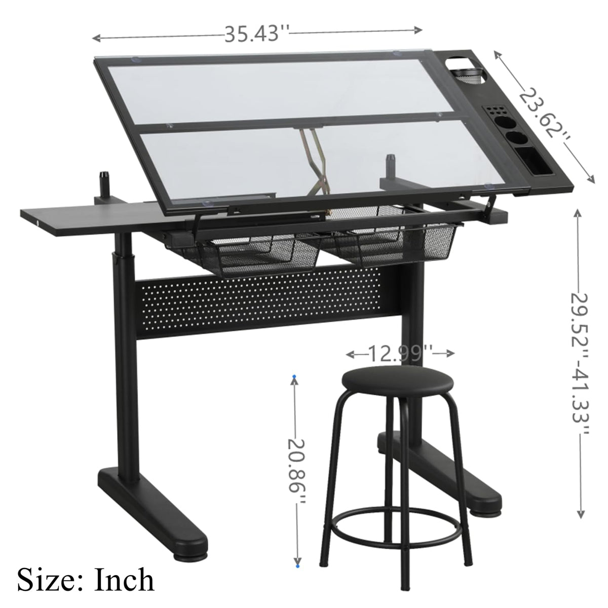 Drafting Table for Artists, Glass Drawing Table with Stool,T1-Black