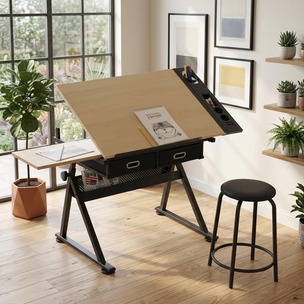 Height Adjustable Drafting Table Drawing Table Artist Desk Tilting Tabletop Art Craft Desk with 2 Storage Drawers and Stool, Art Craft Desk for Artist Painters Drawing Painting (All White)