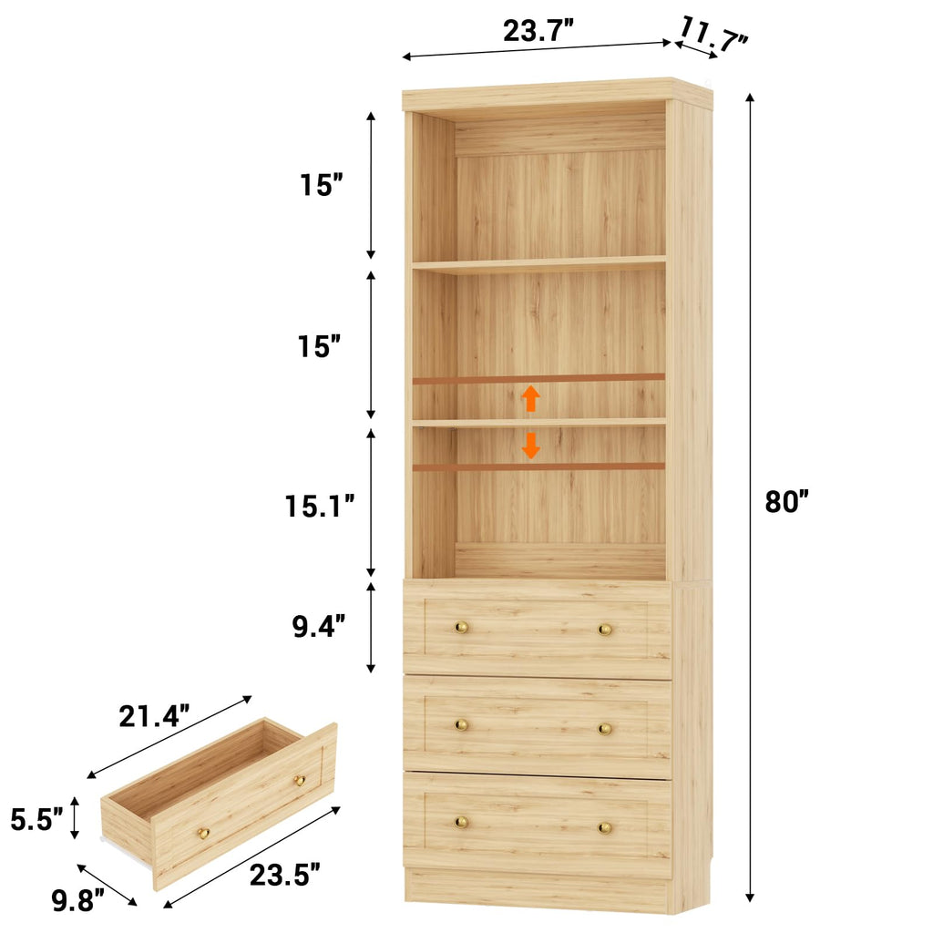 Cyclysio 80" Bookshelf with 3 Drawers and Baseboard Cutout, Set of 2