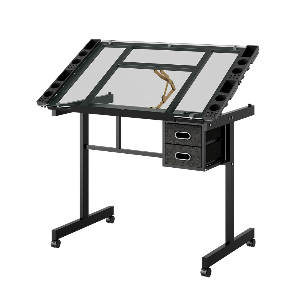 Height Adjustable Drafting Art Table for Adults, White Tempered Glass Drafting Drawing Printing Table Desk with Stool, 0-75Â° Tilting Tabletop Art Drawing Table for Drawing,Hand Crank