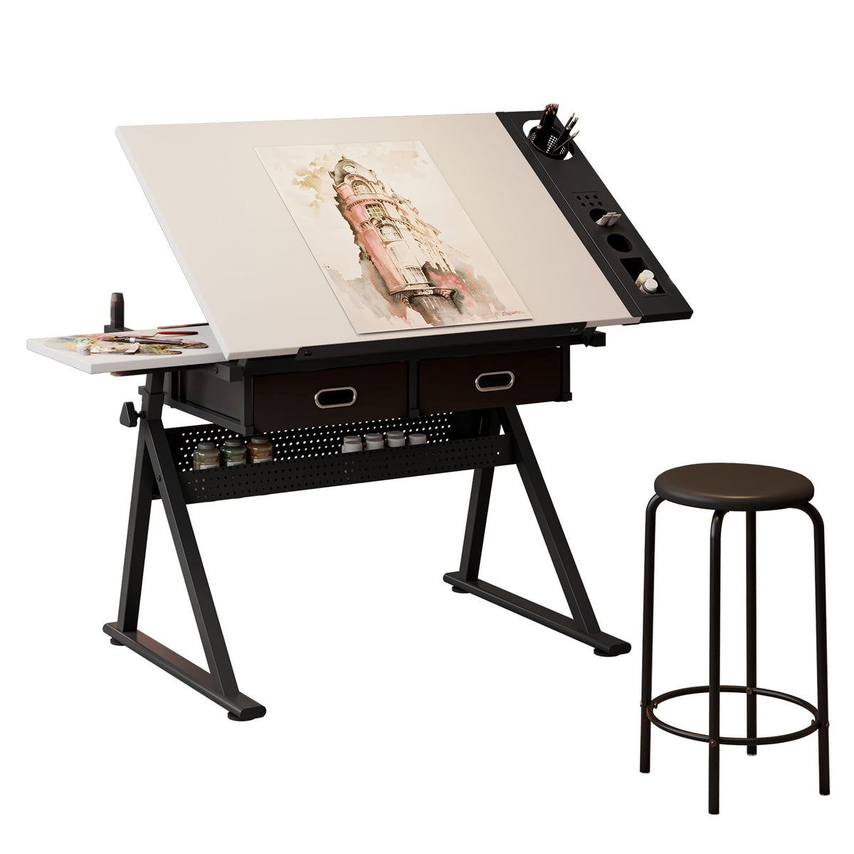 Drafting Table and Stool Set for Adults/Artists, Drawing Table with Adjustable Tabletop and Height, Art Workstation for Painters Crafting Reading Writing Home Office, All White