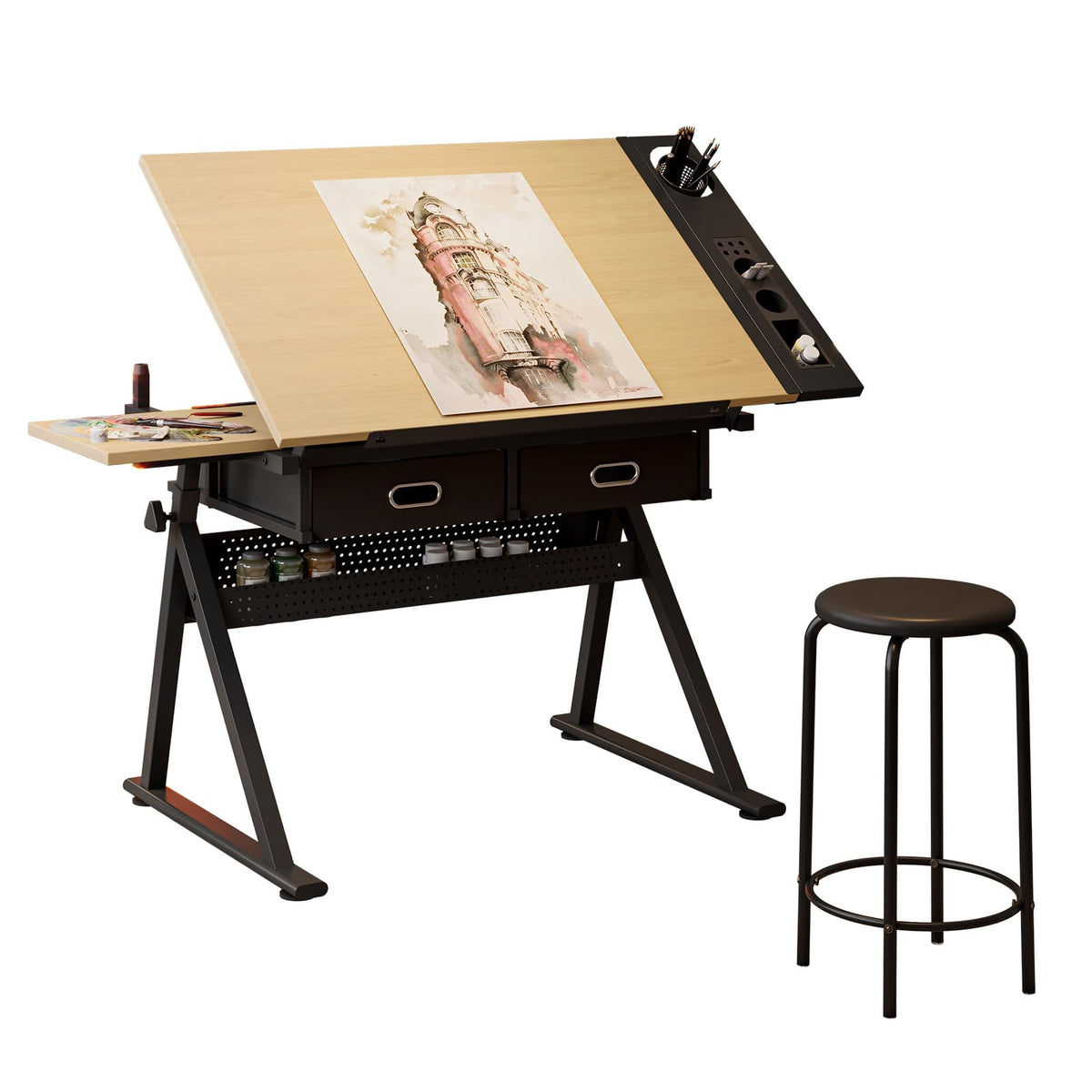 Drafting Table and Stool Set for Adults/Artists, Drawing Table with Adjustable Tabletop and Height, Art Workstation for Painters Crafting Reading Writing Home Office, All White