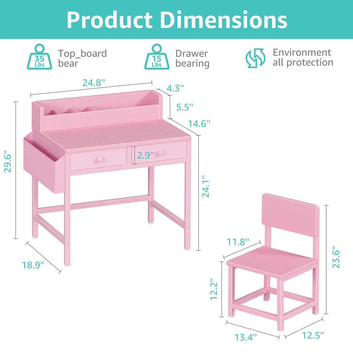 BOLUO White Kids Desk and Chair Set for 5-8 Year Old, Small Child Desk with Fabric Drawer, Children Study Table with Storage Toddler Girls Boys