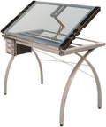 Maykoosh Mediterranean Mastery Drafting, Drawing Adjustable Top Hobby Table Writing Studio Art Desk with Drawers, 38''W X 24''D, Tempered, Silver/Blue Glass