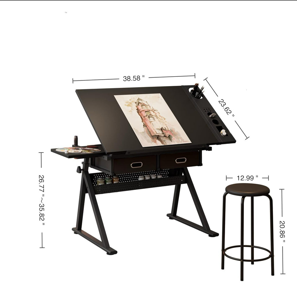Drafting Table with Stool Height Adjustable Art Craft Desk with Storage, Tilting MDF Tabletop, Expansion Board, Drawing Table for Home Office, Artists, Painters (Rustic Brown)