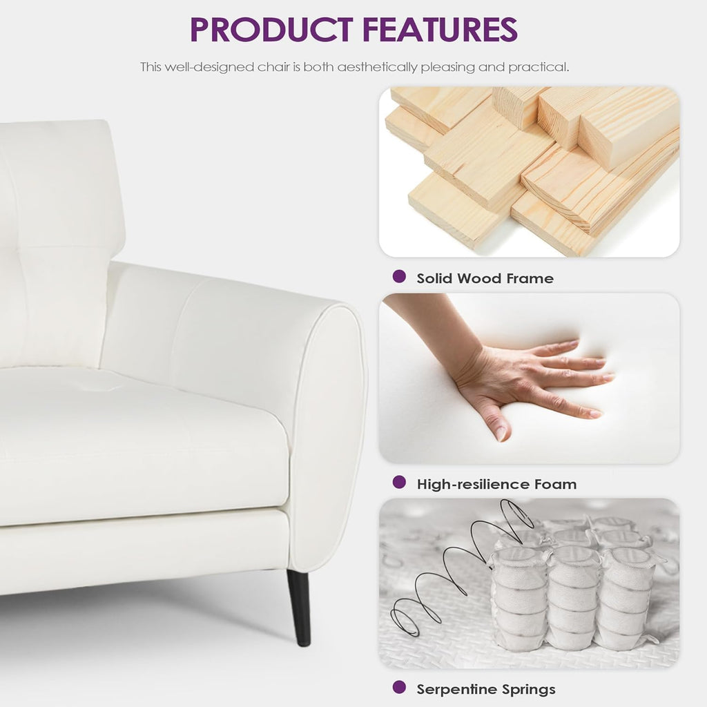 TYBOATLE 2 Piece Furniture Sets, Small Loveseat for Living Room, White Faux Leather Couch Mid Century Modern Tufted Mini Sofa Comfy Office 2 Seat Love Seat for Small Spaces Bedroom