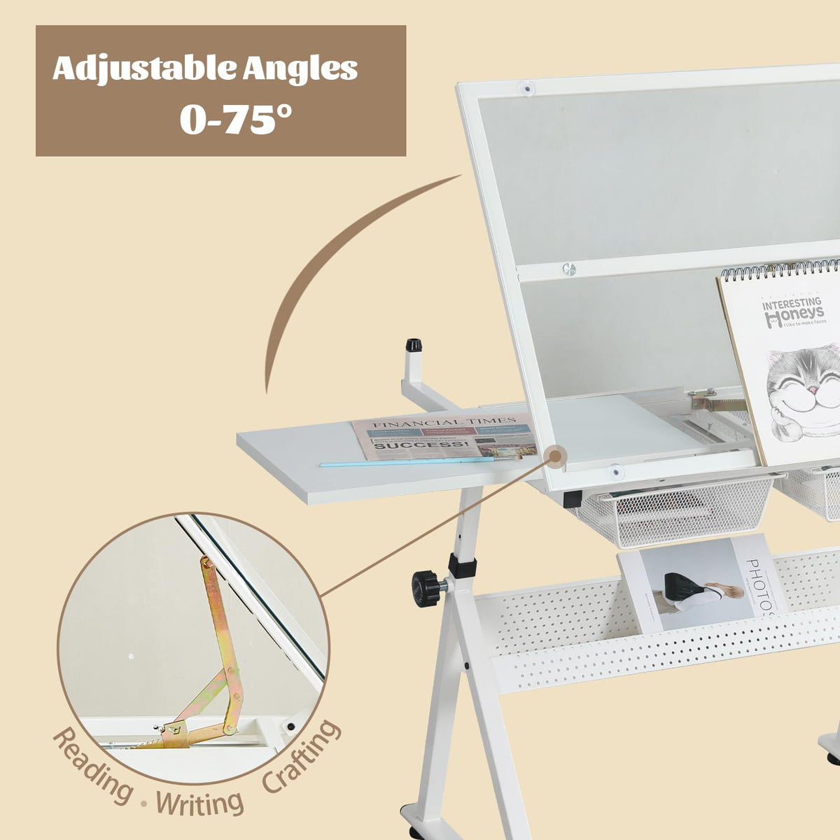 Black Drafting Table Desk w/Stool, Painting Table Art Craft Desk Crafting Table with Tilting Tempered Glass Top, 2 Storage Drawers, Height Adjustable
