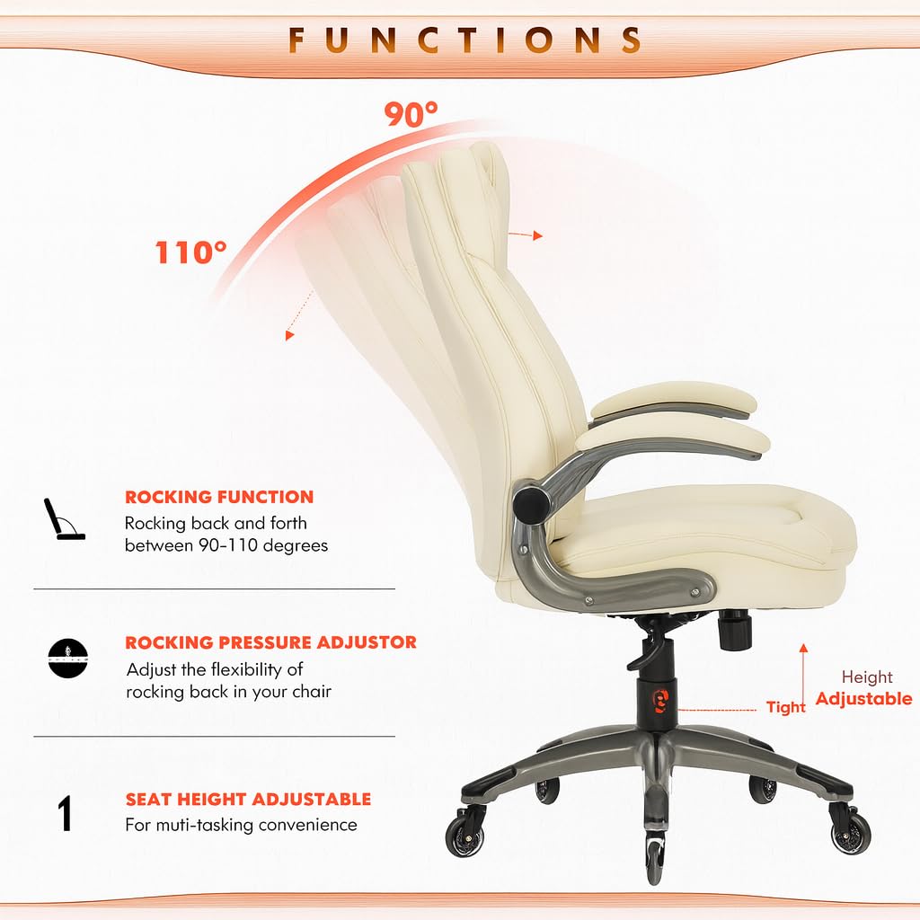COLAMY High Back Executive Office Chairs, Ergonomic PU Leather Desk Chairs with Flip-Up Armrests, Adjustable Height, Lumbar Support, Comfortable Computer Chairs for Home Office, Set of 2