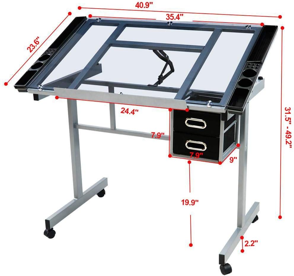 Topeakmart Glass Drafting Table Rolling Drawing Desk w/2 Slide Drawers