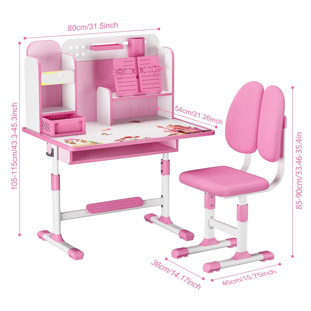 Kids Study Desk and Chair Set for 3-18 Years, Adjustable Height