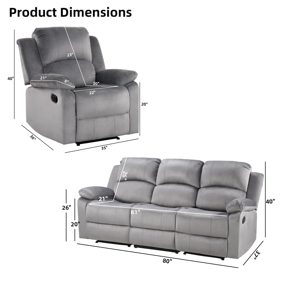 EBELLO Manual Faux Leather Reclining Couch Set for Living Room, Include 1 Recliner Chair, 1 Loveseat Sofa, Recliner Sofa Furniture Set for Home and Office, Black