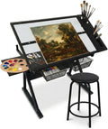 Adjustable Drafting Table, Tiltable Art Drawing Desk with 2 Storage Drawers & Stool, Multi-Functional Art Workstation for Artist Painting Craft Reading Writing (Black-B)