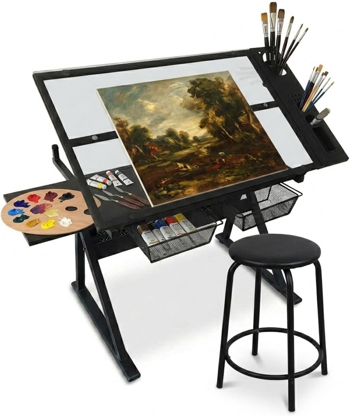 Adjustable Drafting Table, Tiltable Art Drawing Desk with 2 Storage Drawers & Stool, Multi-Functional Art Workstation for Artist Painting Craft Reading Writing (Black-B)