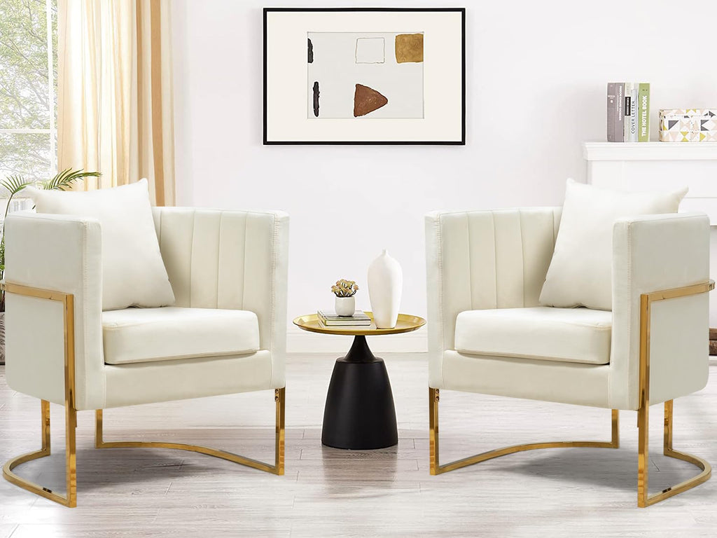 Velvet Accent Barrel Chairs Set of 2, Modern Arm Club Chair Set with Pillow for Living Room/Bedroom/Guest Reception, Channel Tufted, Gold Finish Base, Orange
