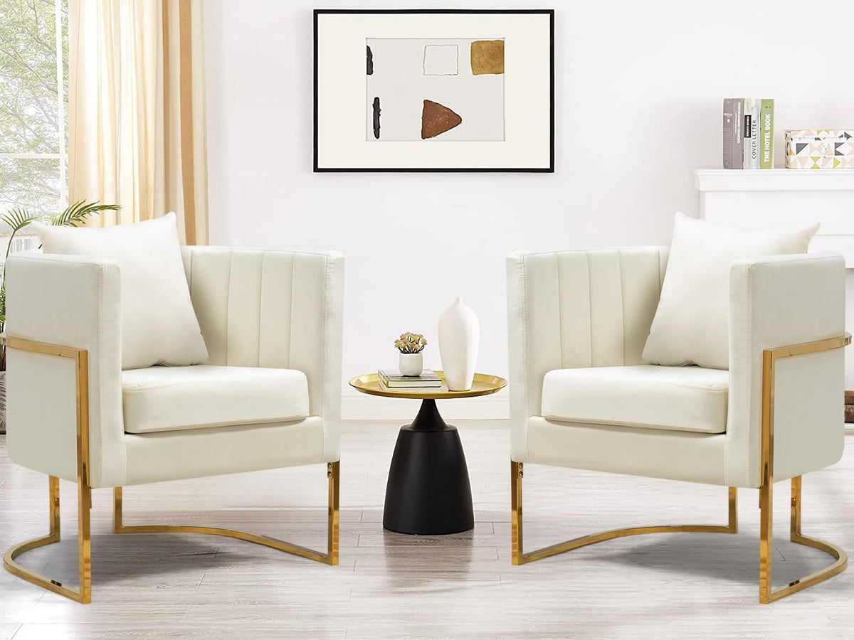 Velvet Accent Barrel Chairs Set of 2, Modern Arm Club Chair Set with Pillow for Living Room/Bedroom/Guest Reception, Channel Tufted, Gold Finish Base, Orange