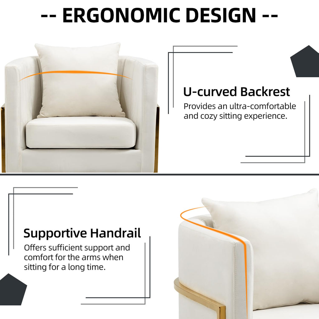 Velvet Accent Barrel Chairs Set of 2, Modern Arm Club Chair Set with Pillow for Living Room/Bedroom/Guest Reception, Channel Tufted, Gold Finish Base, Orange