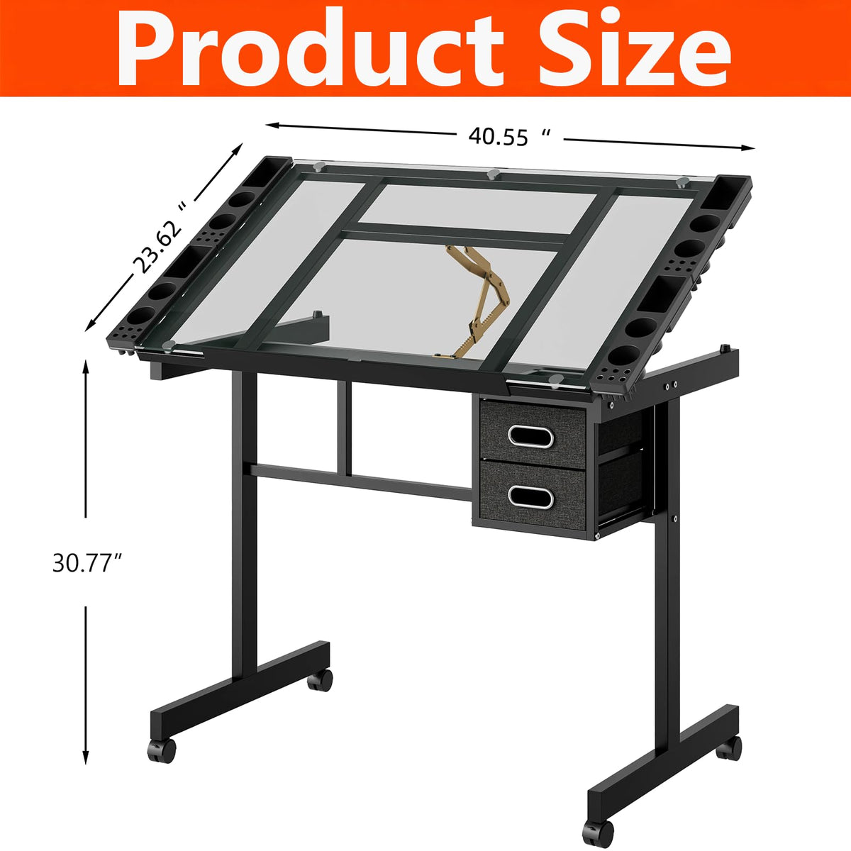 Rolling Drafting Table with Storage and Wheels, Tempered Glass Table Top