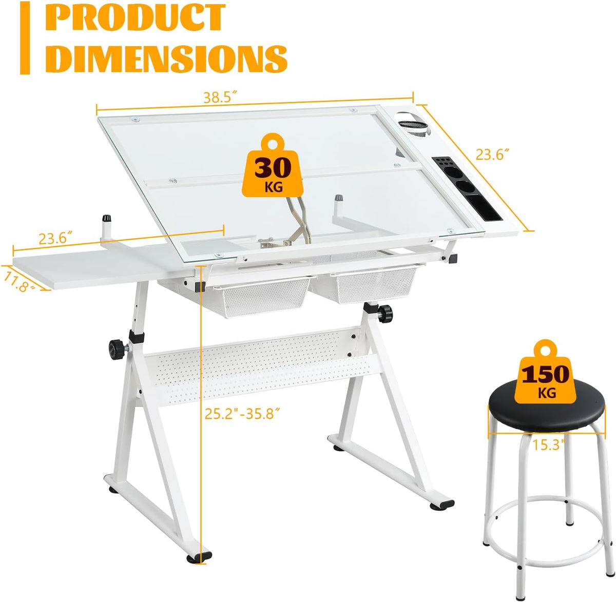 White Drafting Table with Stool, Height Adjustable Art Craft Desk with Tilting Tempered Glass Tabletop, Expansion Board, Multi-Storage, Drawing Table for Studio, Artists, Home Office, Painters, White
