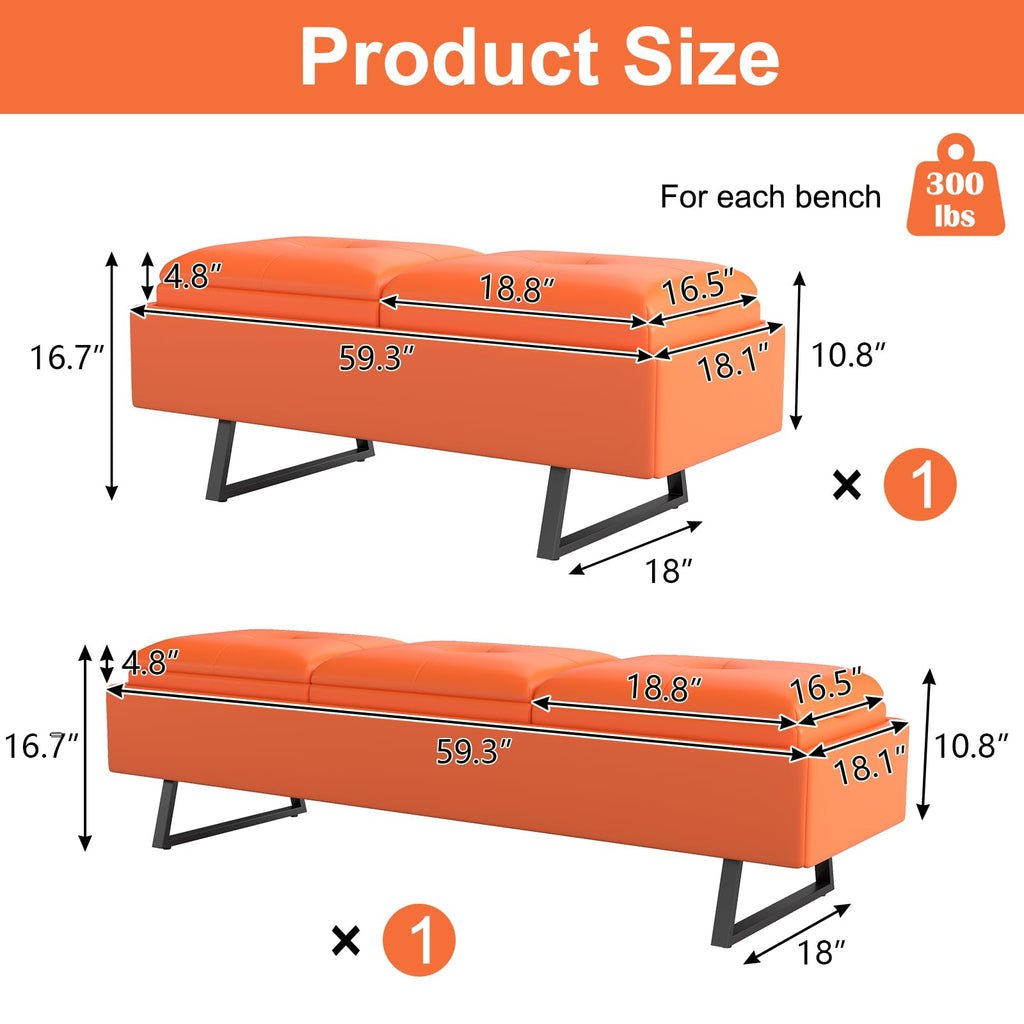 MOTION Leather Bench Waiting Room Chairs - 3 Seat Office Guest Reception Bench with Cushion, Waiting Room Bench Seating, Office Furniture Lobby Chairs for Salon, Shop, Set of 2, Orange