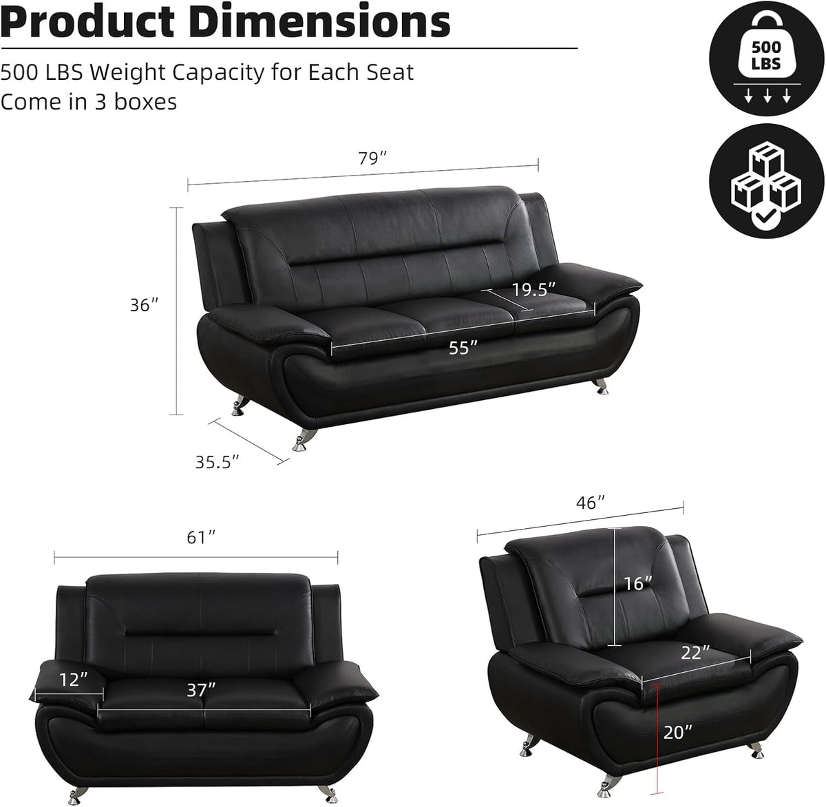 Modern Leather Sofa Set, Living Room Furniture, 3 - Piece Couch Set, Faux Leather Couch Loveseat Chair Set with Sturdy Legs for Living Room/Bedroom/Office,Black