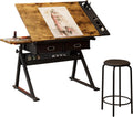 GarveeHome Height Adjustable Drafting Table, Tilted Tabletop Art Table for Adults, Adjustable Drawing Drafting Tables Desk with 2 Drawers and Stool for Home Office School, Rustic Brown