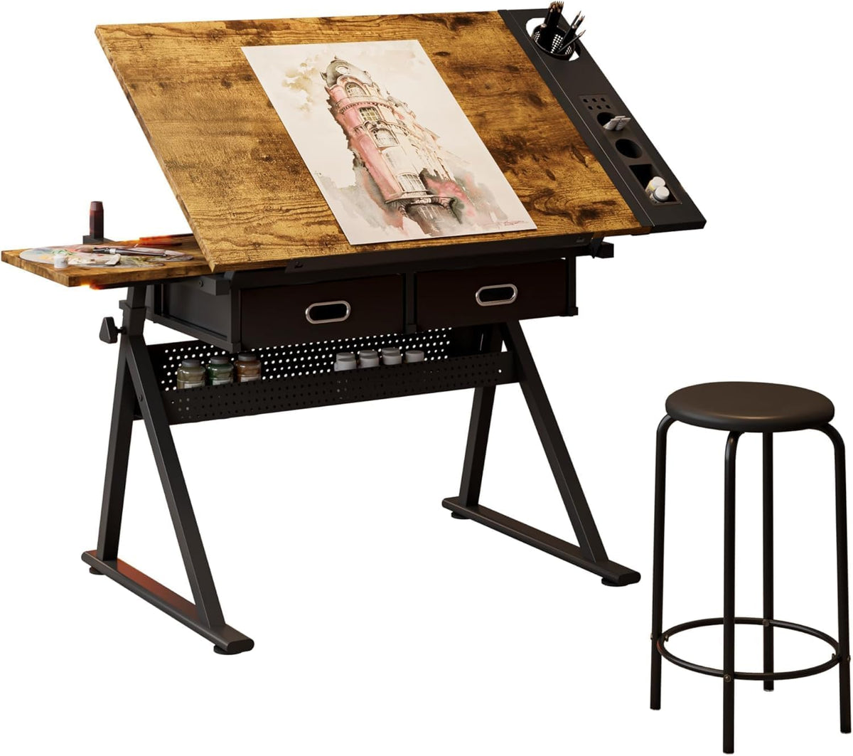 GarveeHome Height Adjustable Drafting Table, Tilted Tabletop Art Table for Adults, Adjustable Drawing Drafting Tables Desk with 2 Drawers and Stool for Home Office School, Rustic Brown
